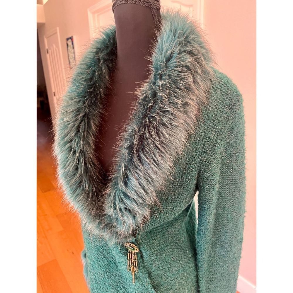 Vintage Teal Faux Fur Collar Jacket Turquoise Stone Tassel Sz S Carly St Claire - Picture 3 of 15